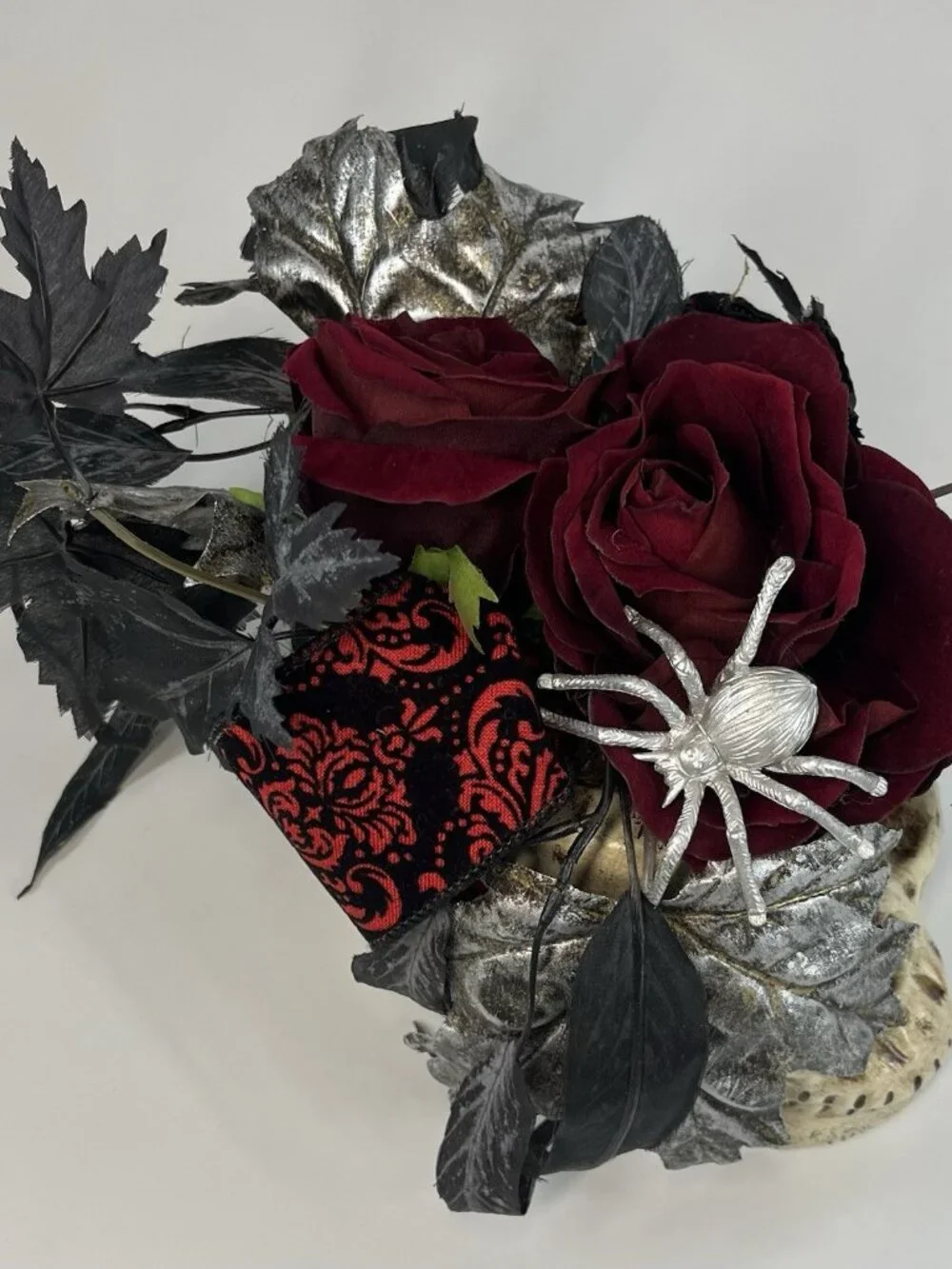Gothic Skull Faux Floral Arrangement Centerpiece Spider Flowers Black Leaves